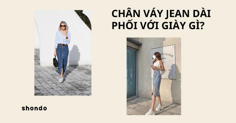 Chân váy jean dài phối với áo croptop đen cá tính