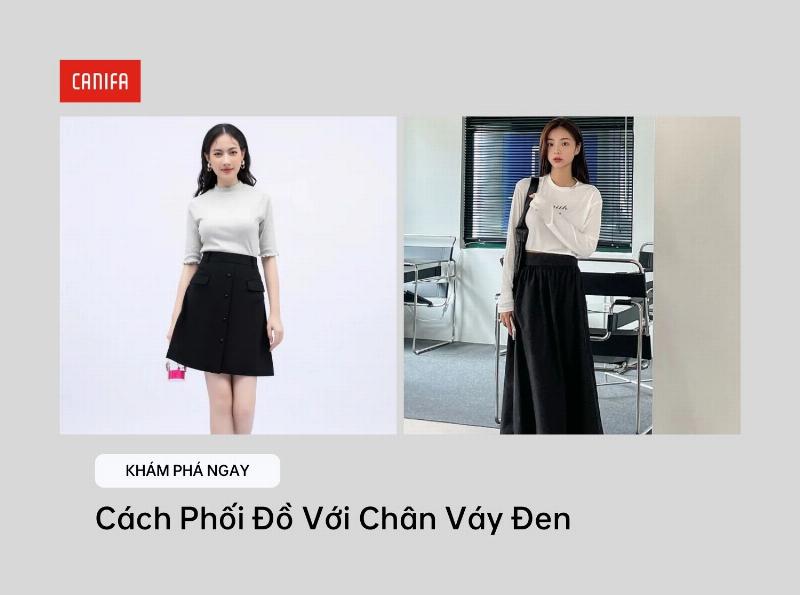 Chân váy jean dài phối với áo hai dây màu đen quyến rũ