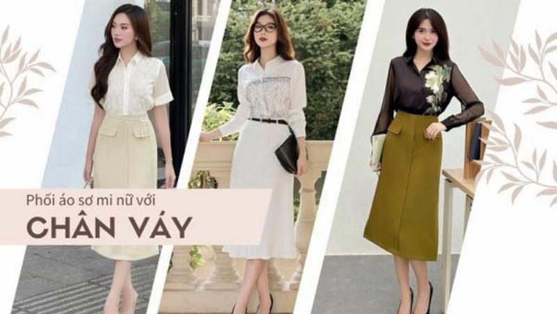 Chân váy jean dài phối với áo sơ mi trắng thanh lịch