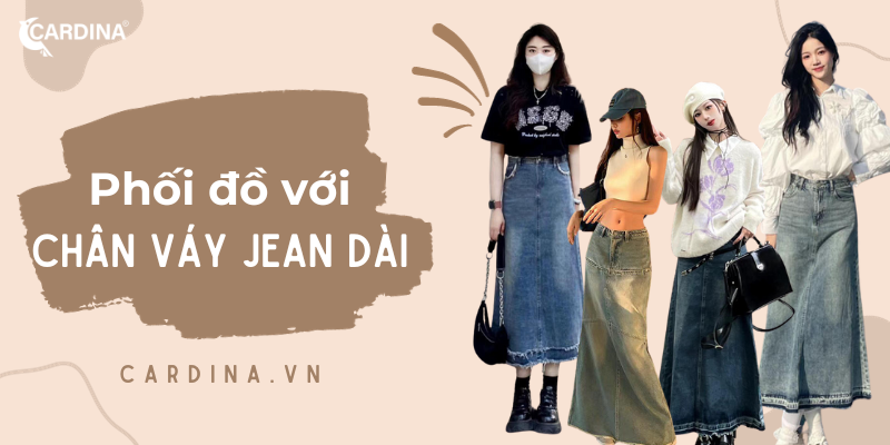Chân váy jean dài phối với áo thun trắng đơn giản