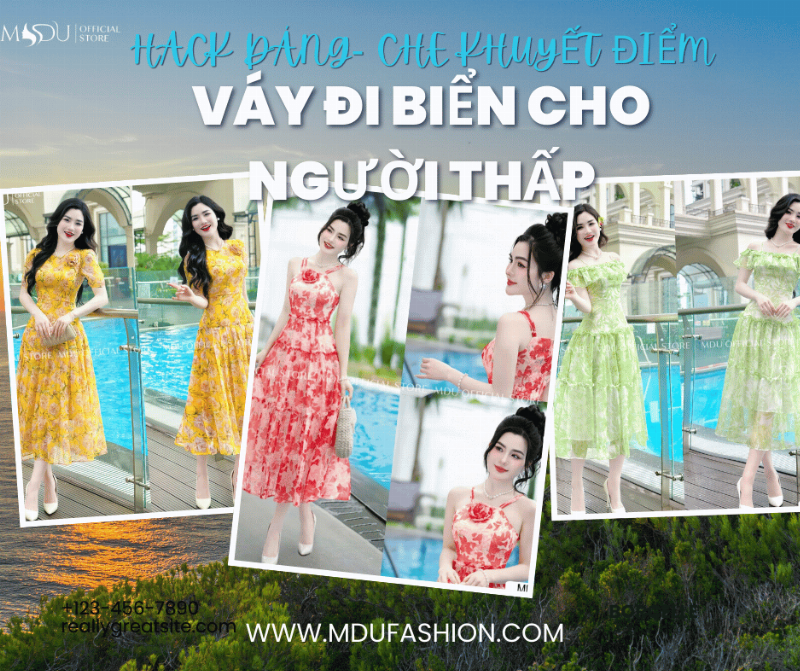 Họa tiết và màu sắc váy đi biển phù hợp người thấp