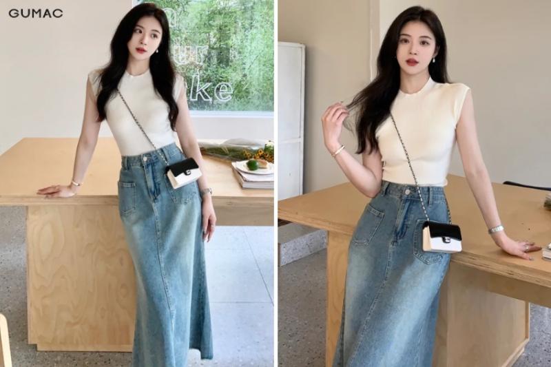 Phối Chân Váy Jean Dài Với Áo Croptop