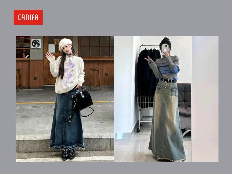 Phối Chân Váy Jean Dài Với Áo Khoác