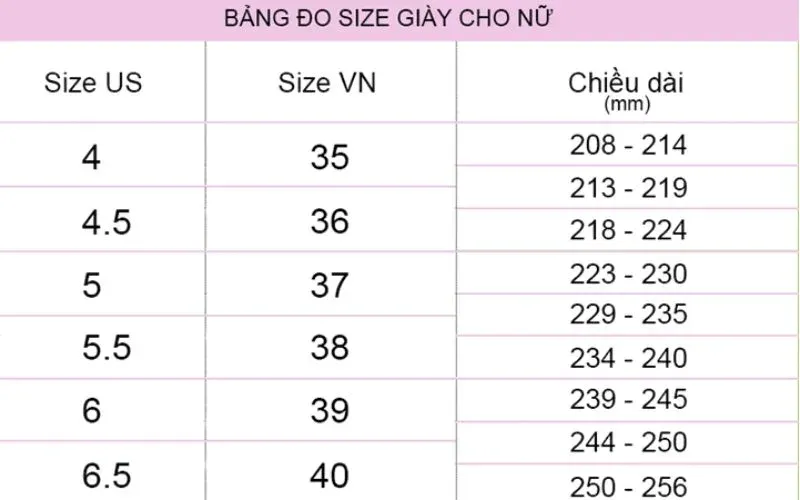 Size Giày Nữ 235