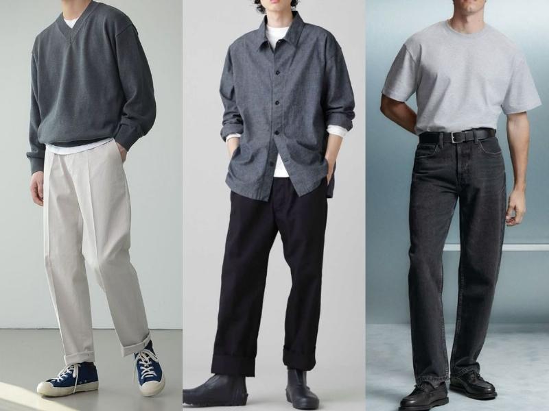 Áo xám phối với quần xanh navy